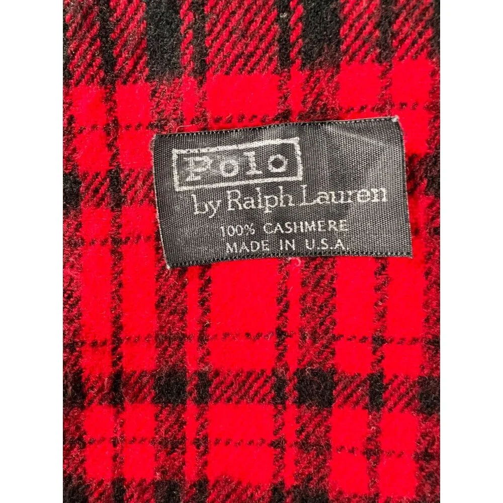Polo By Ralph Lauren Scarf Red Black Plaid Cashmere Fringe Edges Pony Logo USA
